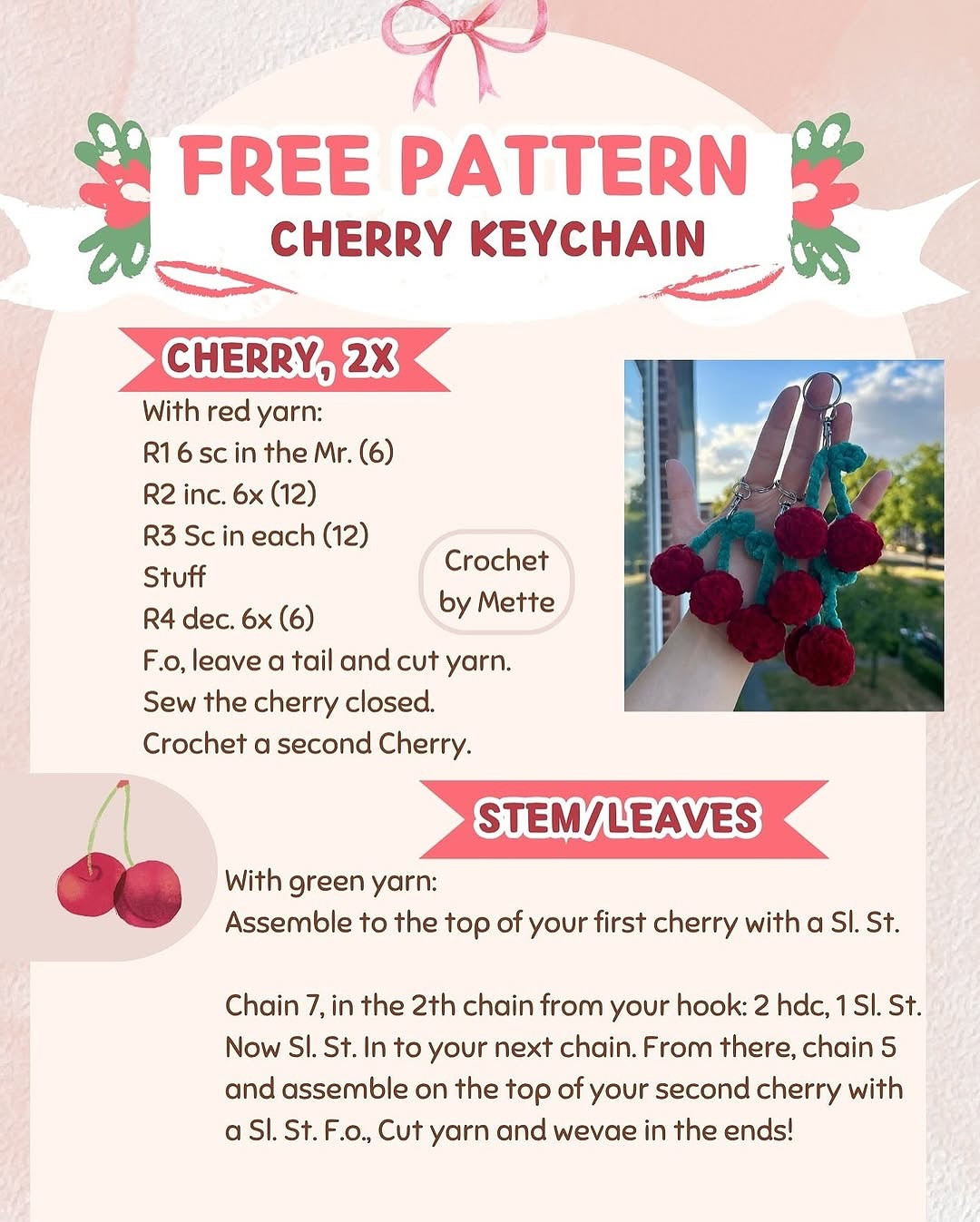 Free Crochet Pattern for Cherry Keychain by Mette