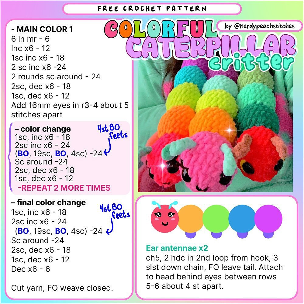 Free Crochet Pattern for Colorful Caterpillar Critter