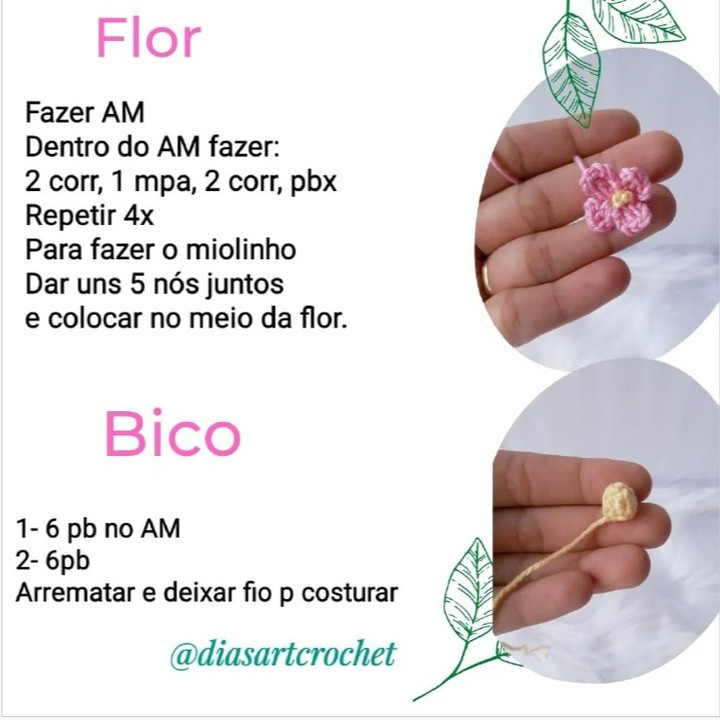 Pássaros de crochê amorosos em jardim florido