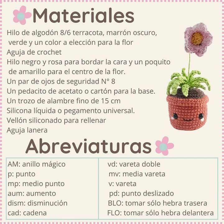 Patrón de maceta kawaii con flores de crochet adorables