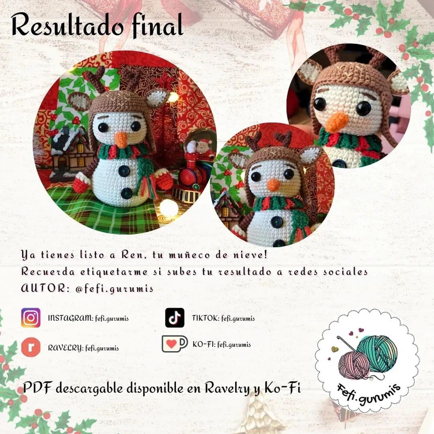 Patrón gratuito de muñeco de nieve con reno de ganchillo navideño