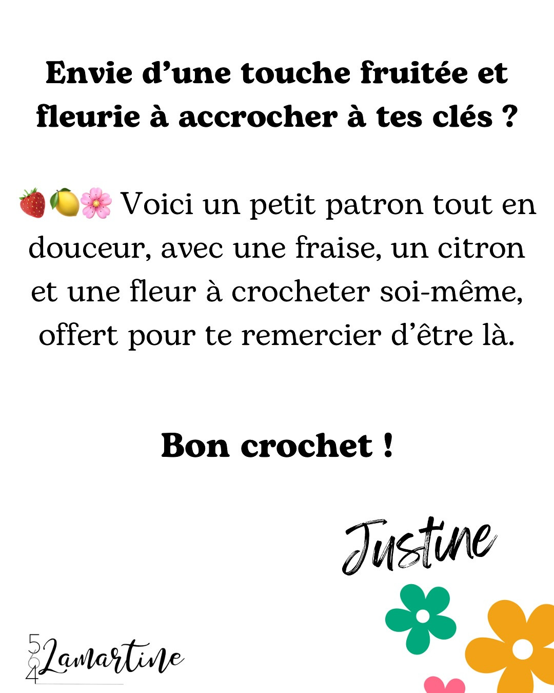 Porte-clés au crochet avec fleur et fruits colorés
