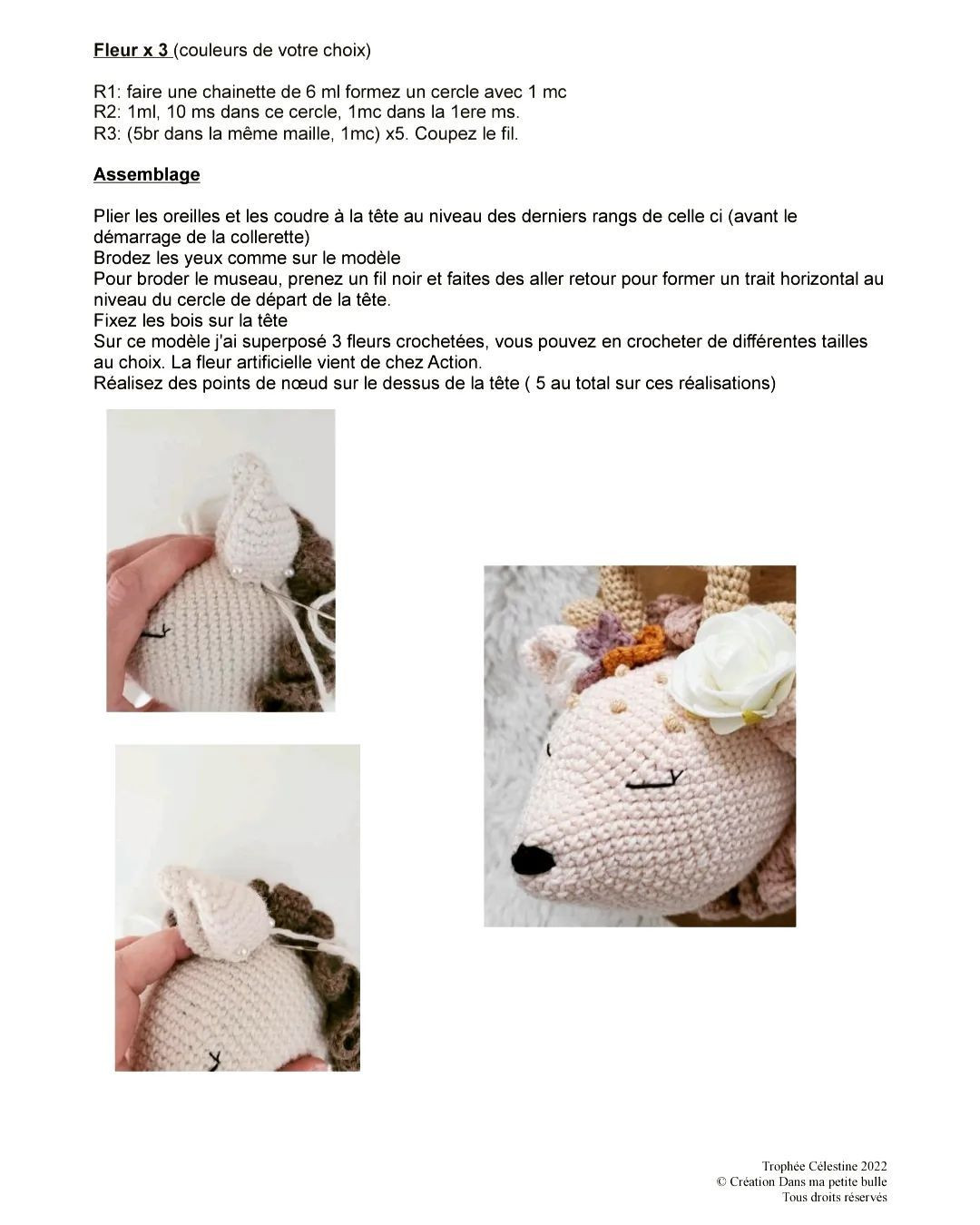 Tête de cerf en crochet avec fleurs décoratives