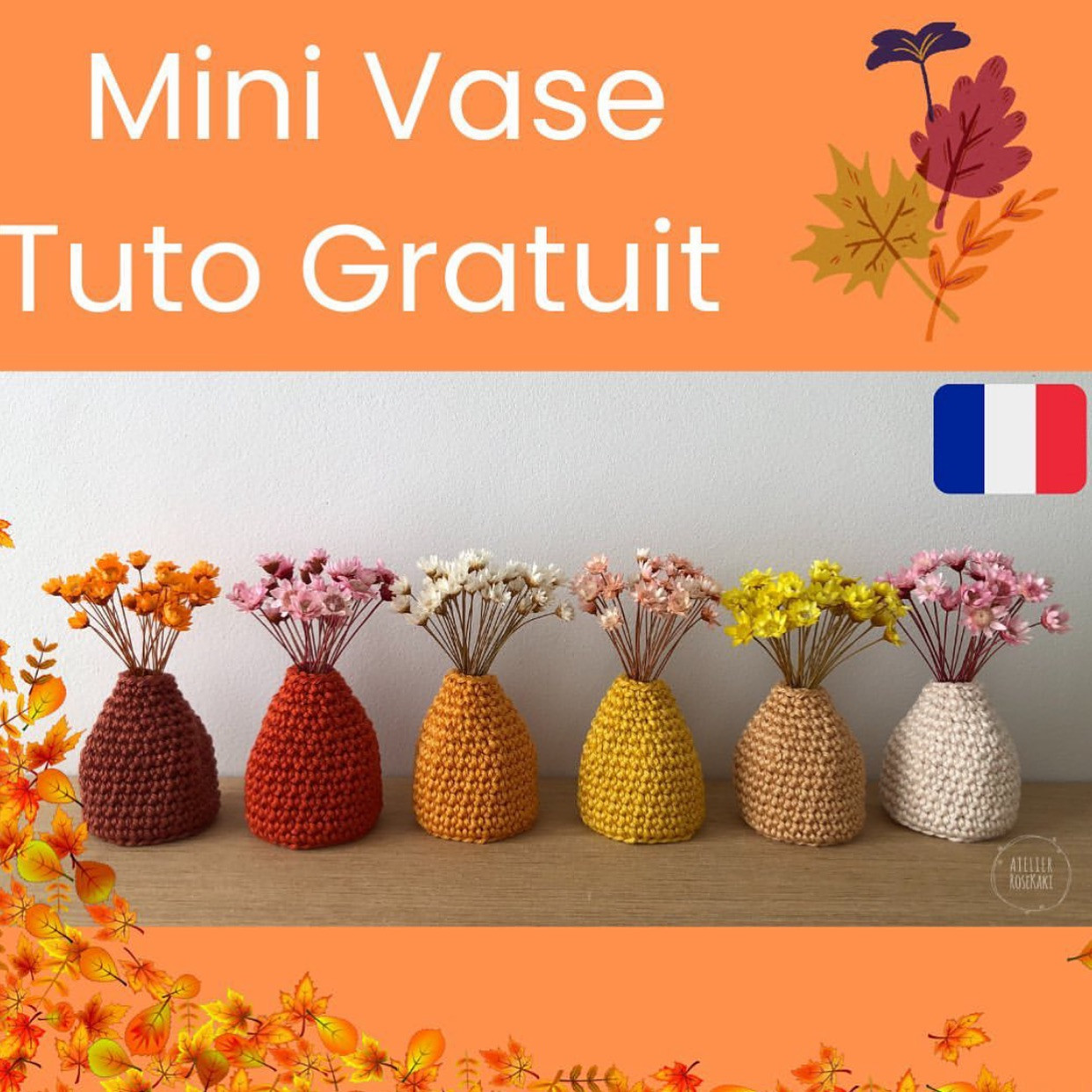 Vases en crochet colorés avec fleurs séchées - Patron gratuit