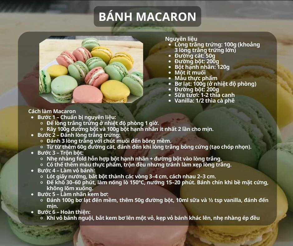 bánh macaron, bánh crepe, bánh custard, bánh quy bơ, bánh bông lan cam