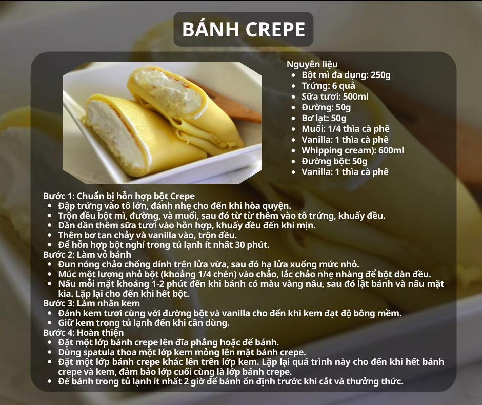 bánh macaron, bánh crepe, bánh custard, bánh quy bơ, bánh bông lan cam