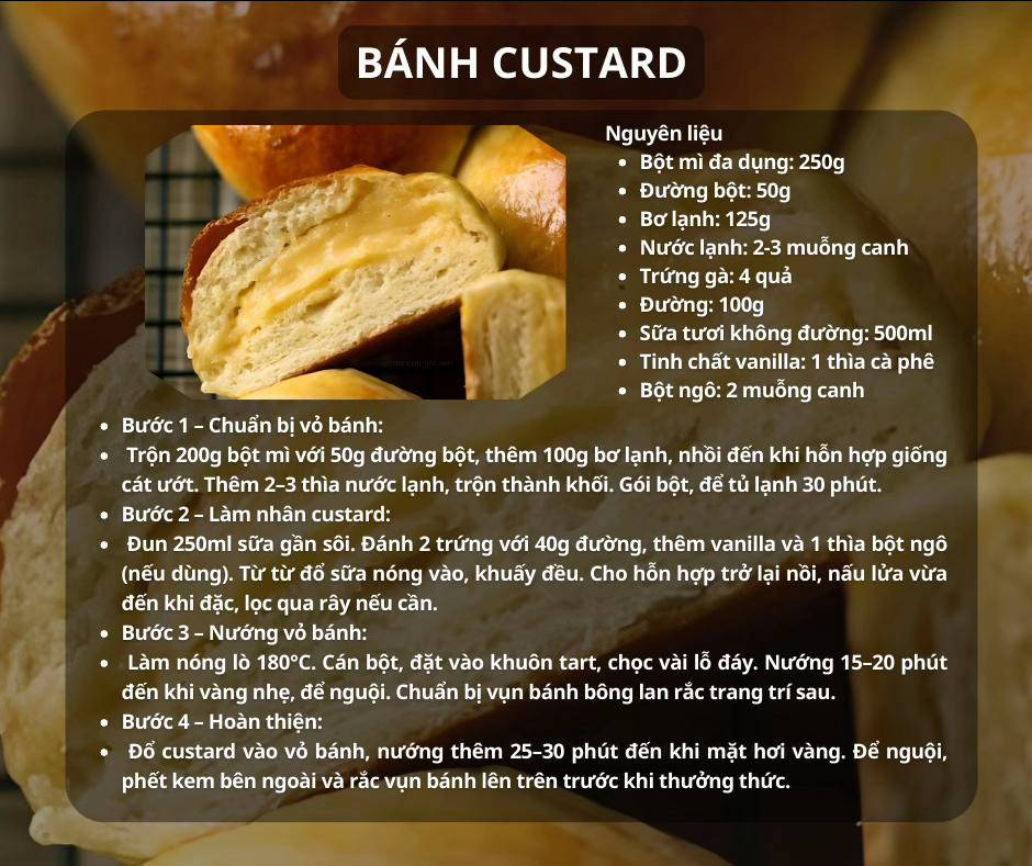 bánh macaron, bánh crepe, bánh custard, bánh quy bơ, bánh bông lan cam