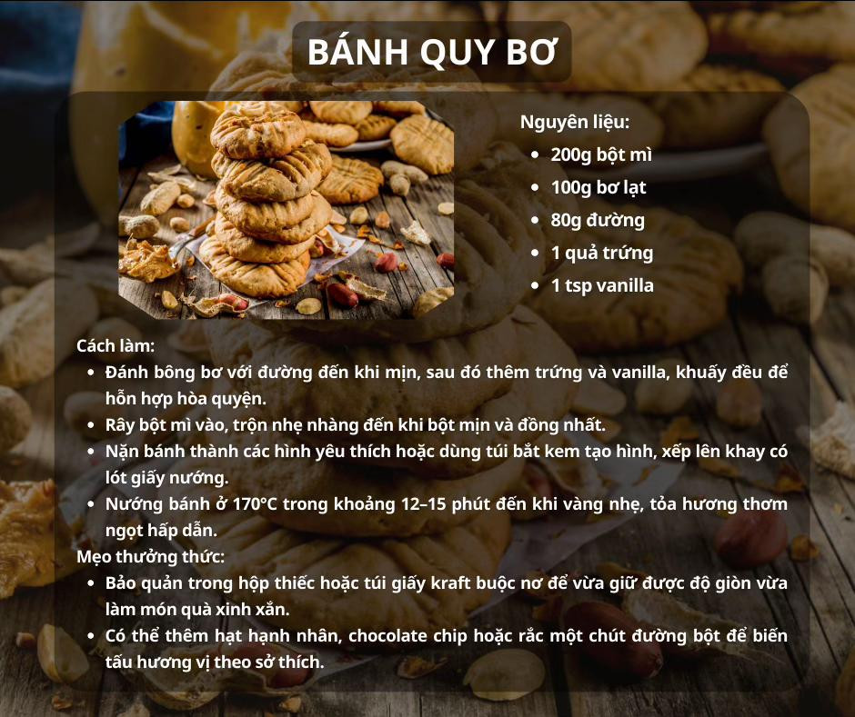 bánh macaron, bánh crepe, bánh custard, bánh quy bơ, bánh bông lan cam