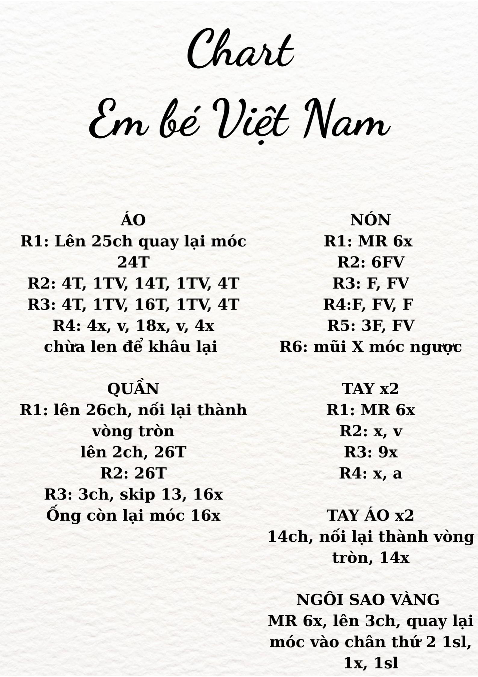 Biểu đồ móc len cho búp bê amigurumi em bé Việt Nam