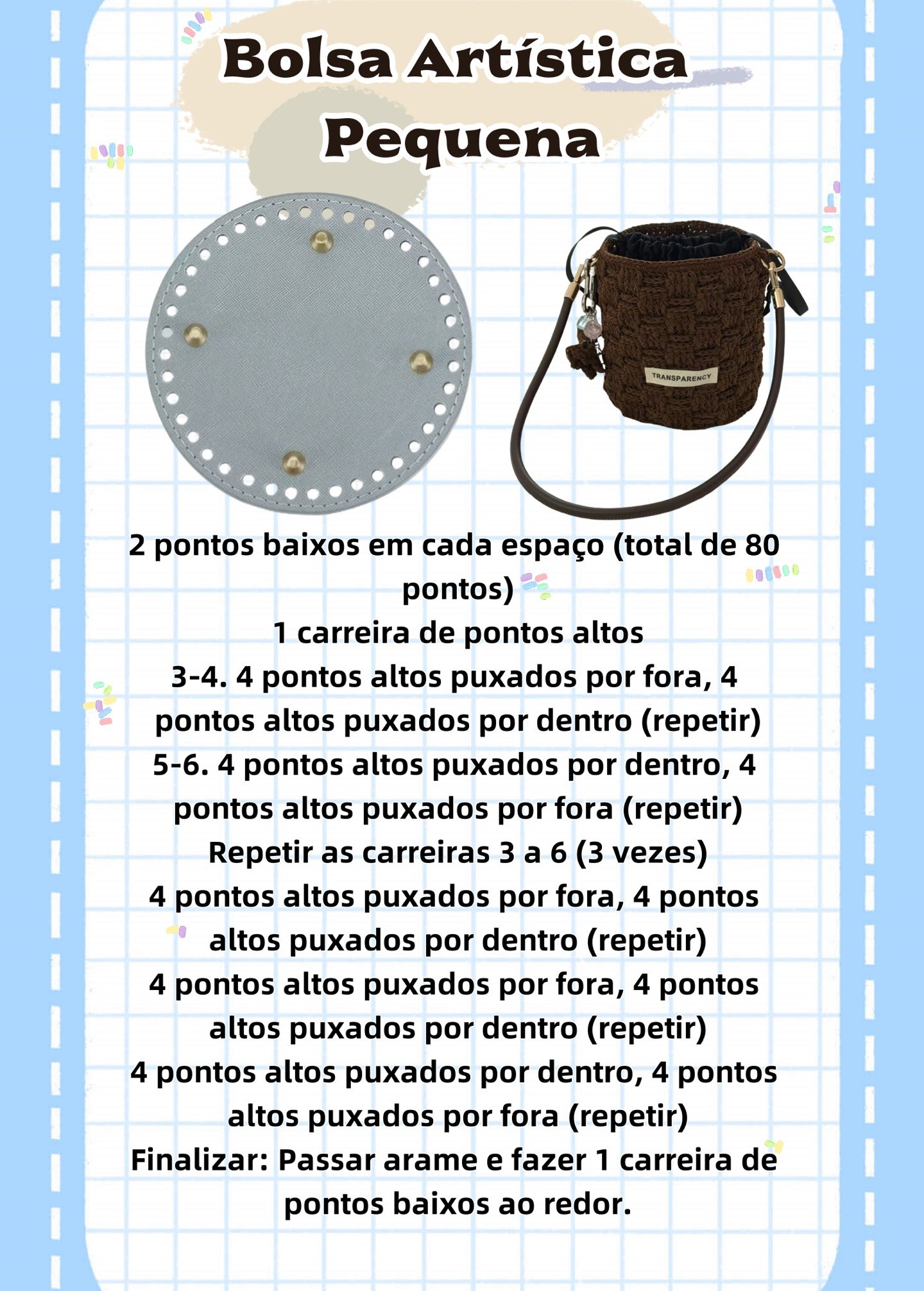 Bolsa de crochê com padrão de quadrados entrelaçados