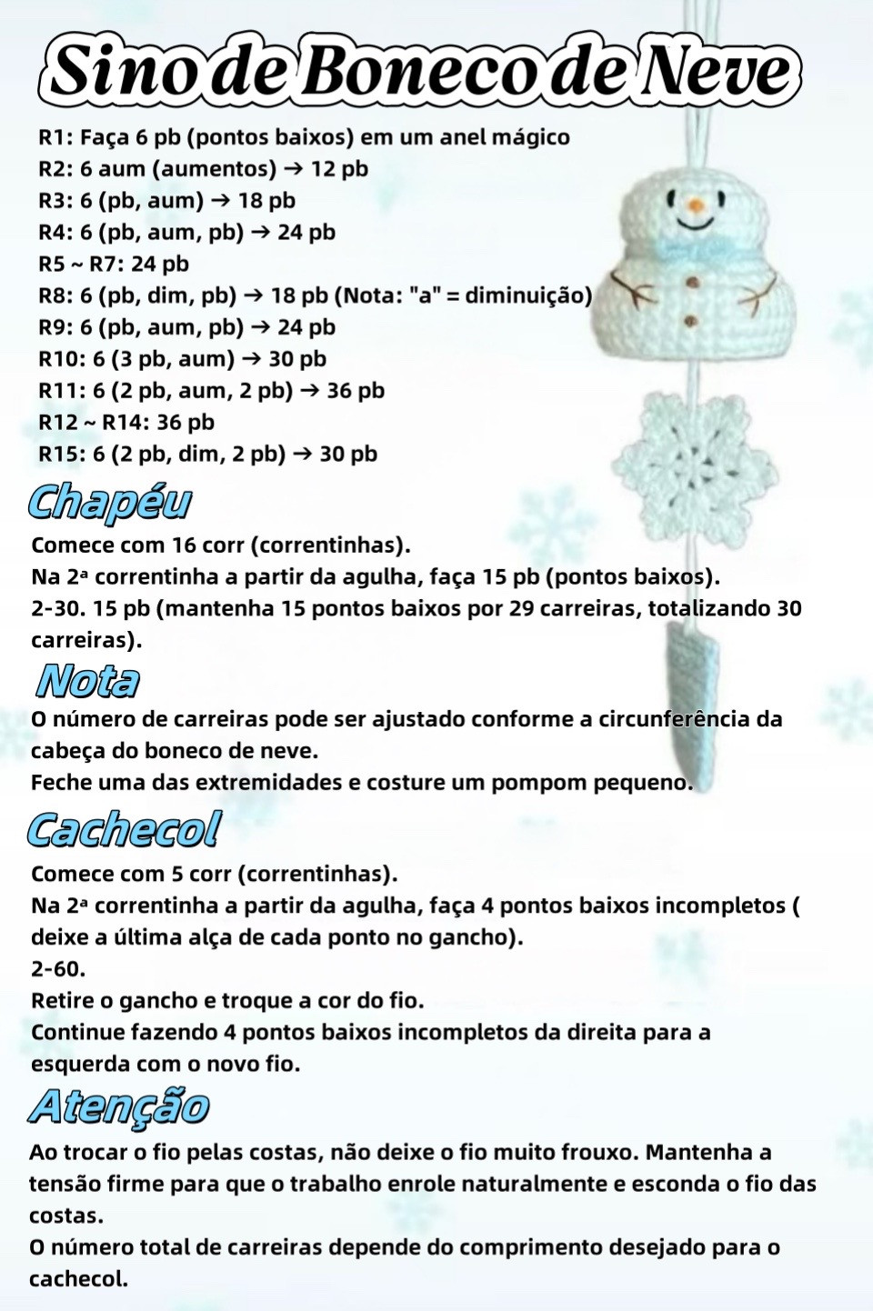 Boneco de neve de crochê com floco de neve pendurado