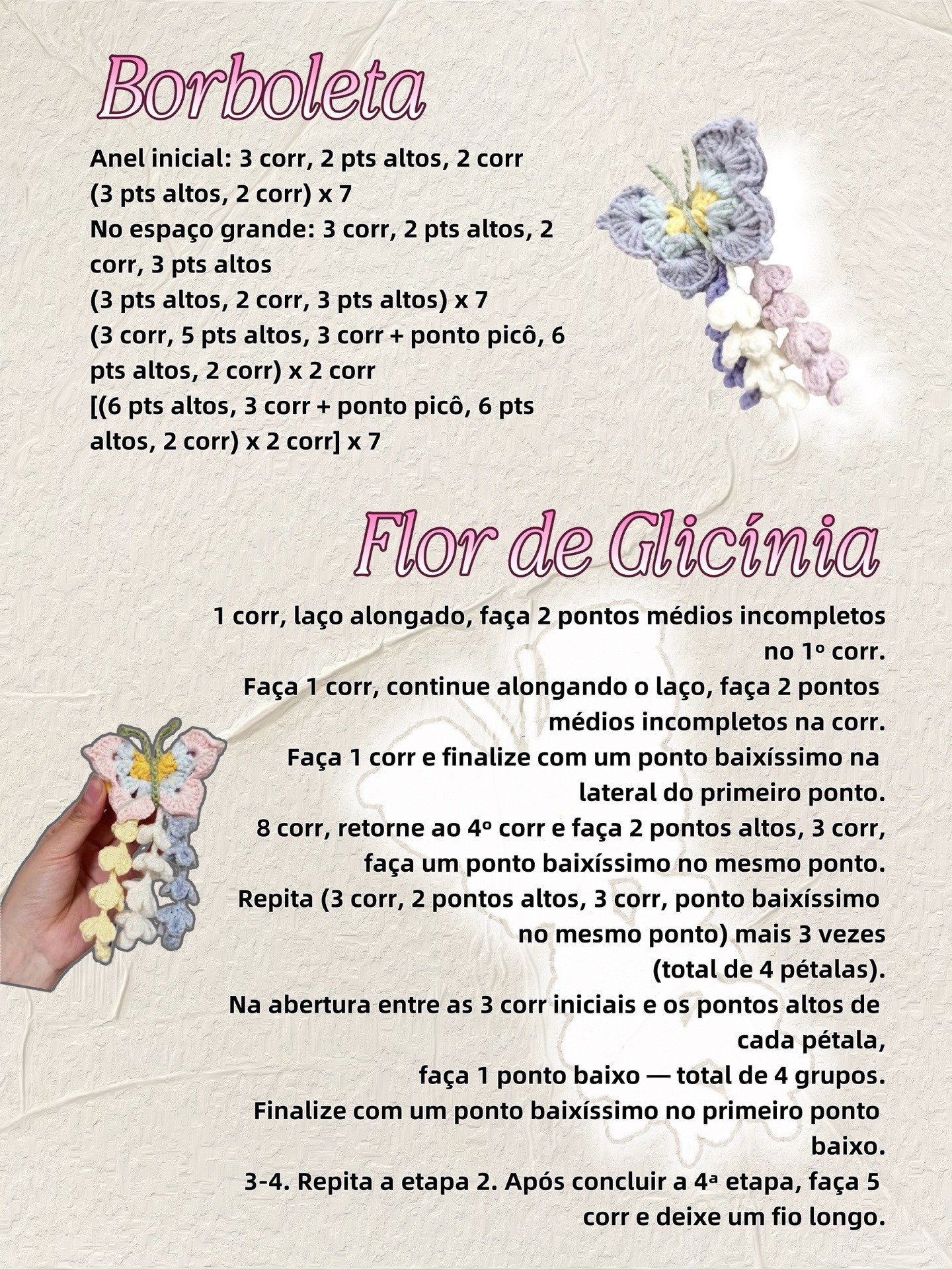 Borboleta de crochê delicada com flor em cascata
