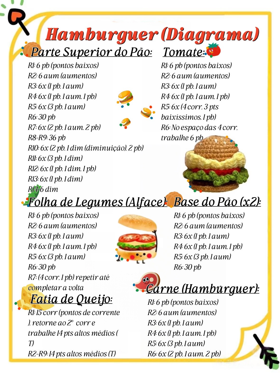 Chaveiros de crochê de hambúrguer e batata frita adoráveis