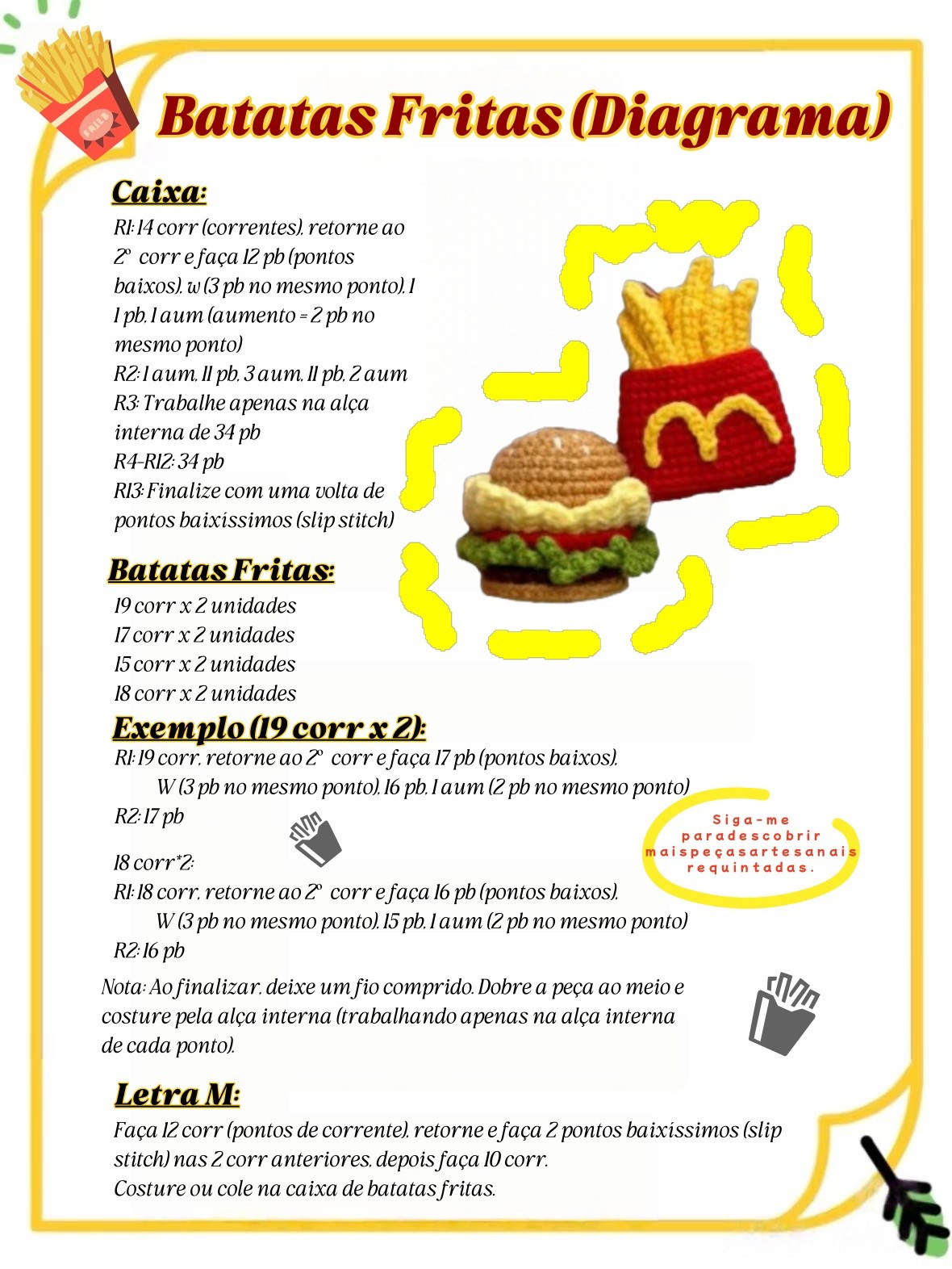 Chaveiros de crochê de hambúrguer e batata frita adoráveis