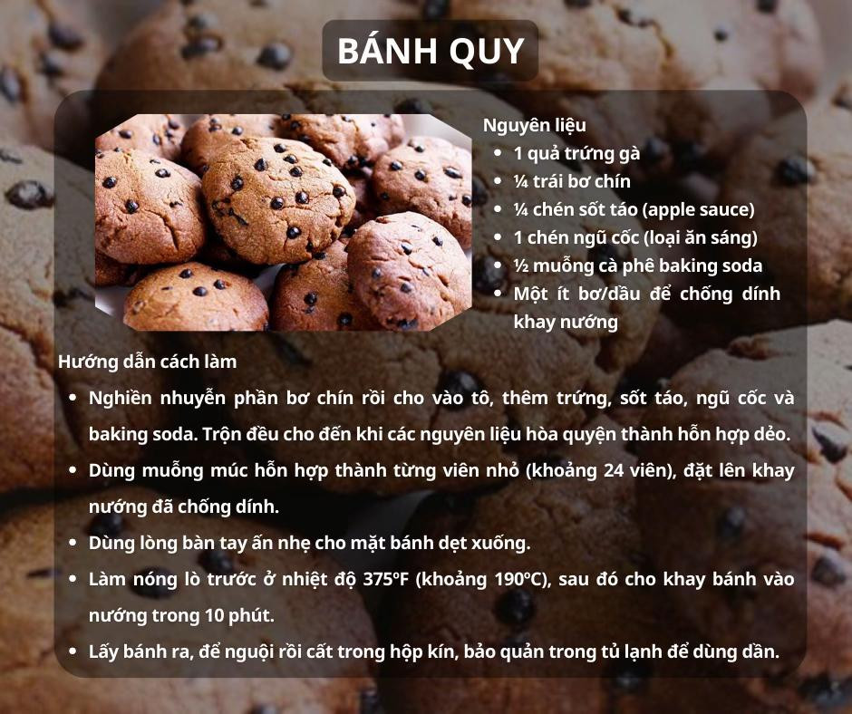 chuối nướng mỡ hành, bánh chuối nướng, bánh rán đậu hà lan, bánh quy,