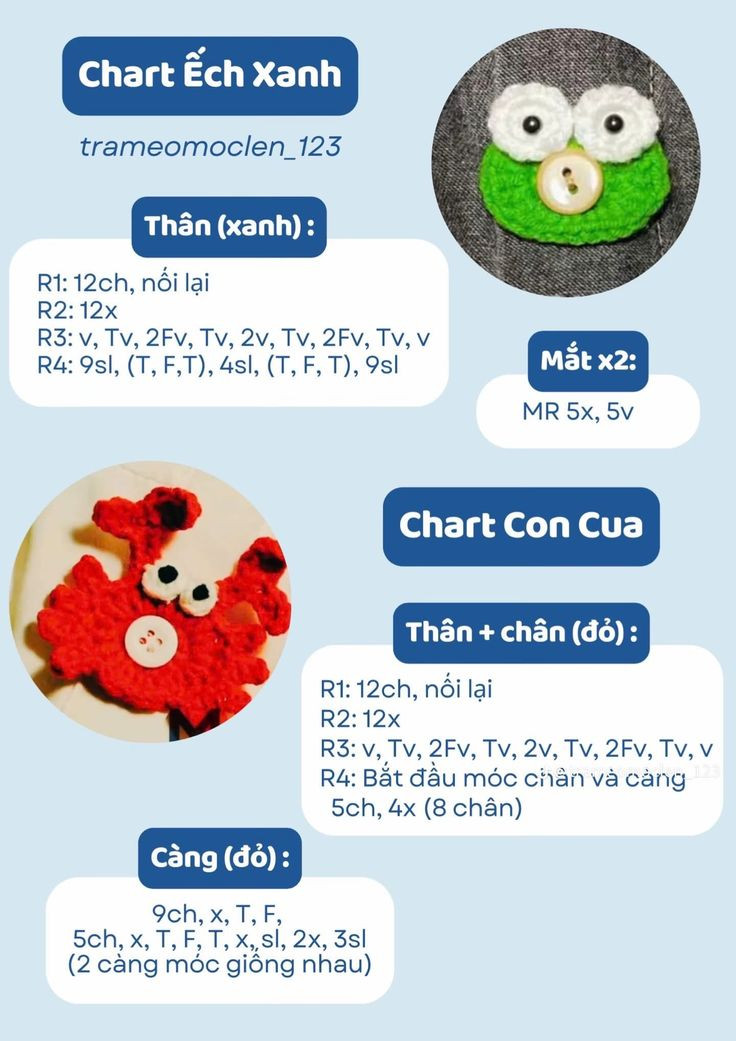 cúc áo quả chanh, chart cà chua, ếch xanh, con cua, cá heo, mèo con, trái tim, ngôi sao, gà con, bươm bướm, dưa hấu, quả bơ, kiwi, chart hoa, ốc sên, gấu.