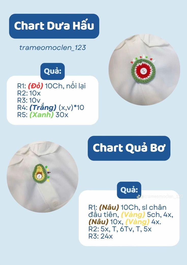 cúc áo quả chanh, chart cà chua, ếch xanh, con cua, cá heo, mèo con, trái tim, ngôi sao, gà con, bươm bướm, dưa hấu, quả bơ, kiwi, chart hoa, ốc sên, gấu.