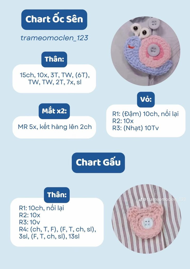cúc áo quả chanh, chart cà chua, ếch xanh, con cua, cá heo, mèo con, trái tim, ngôi sao, gà con, bươm bướm, dưa hấu, quả bơ, kiwi, chart hoa, ốc sên, gấu.
