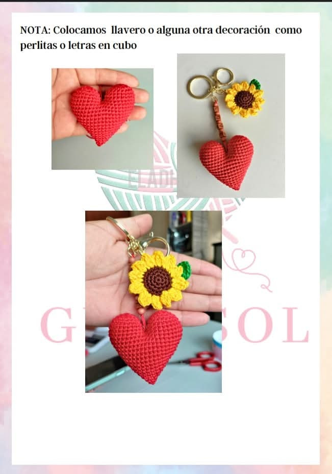 Llavero de corazón y girasol de crochet vibrante