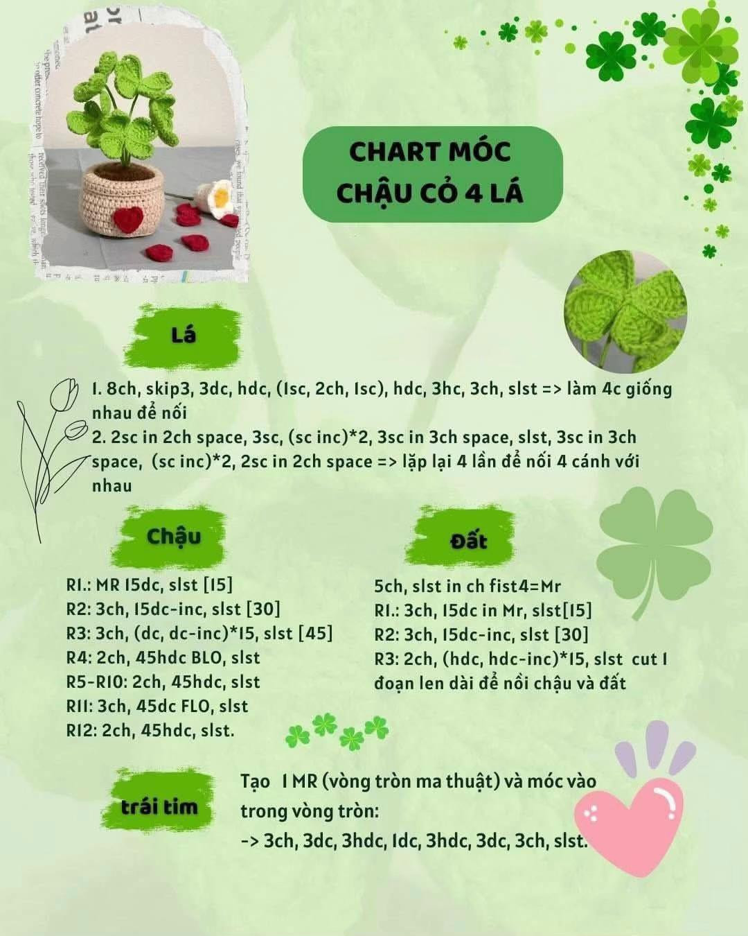 Mẫu móc len cho cỏ ba lá trong chậu trái tim