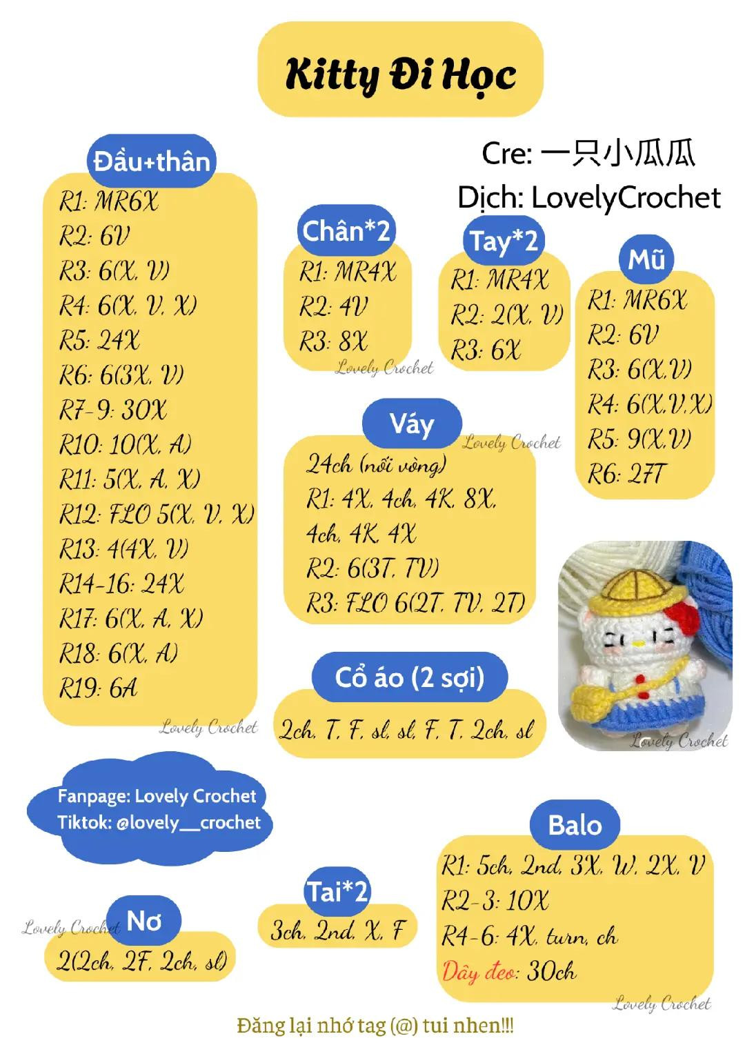 Mẫu Móc Len Mèo Dễ Thương Đi Học
 Crochet Cute Kitty in School Outfit Pattern