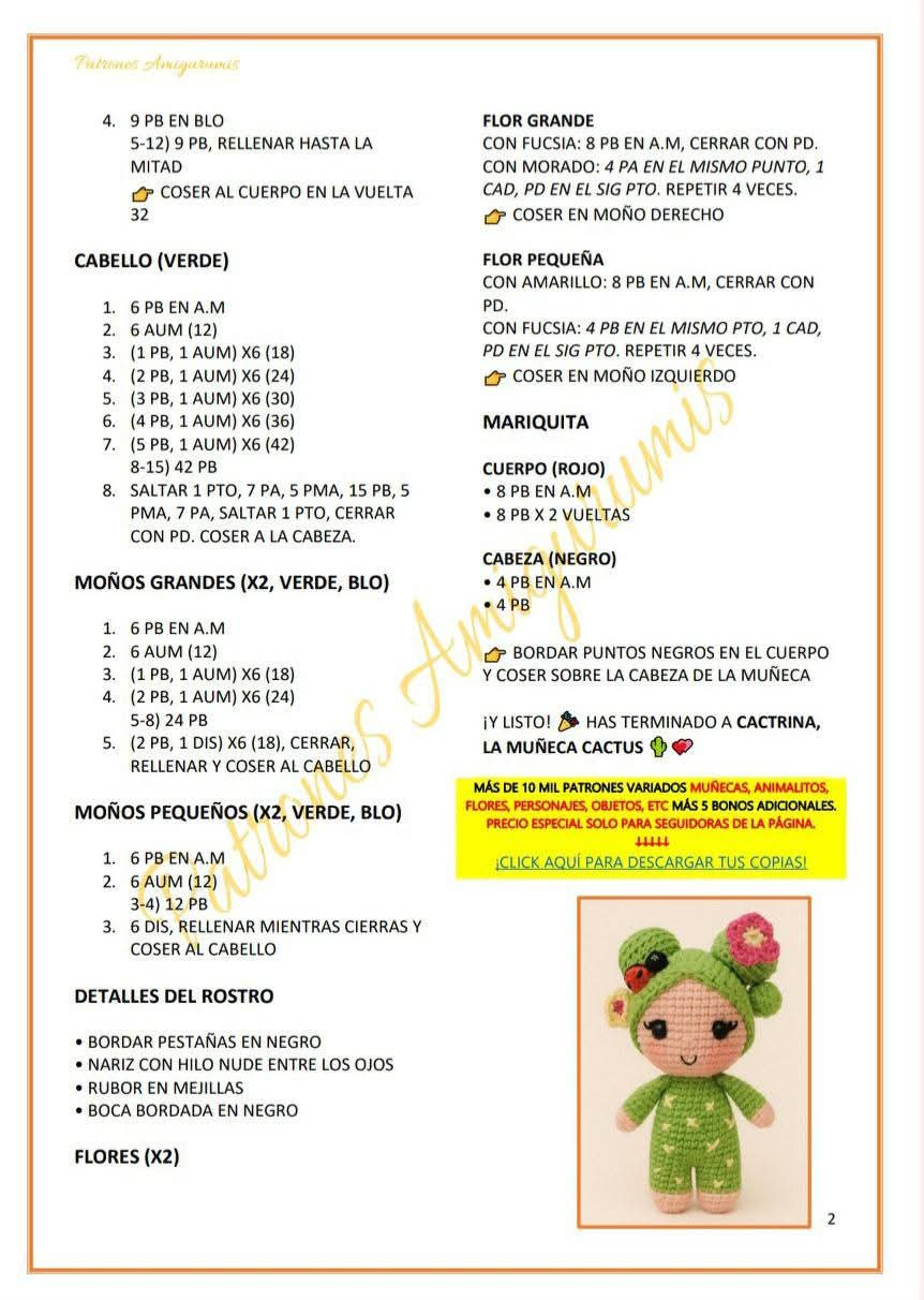 Muñeca de crochet con flores y traje verde