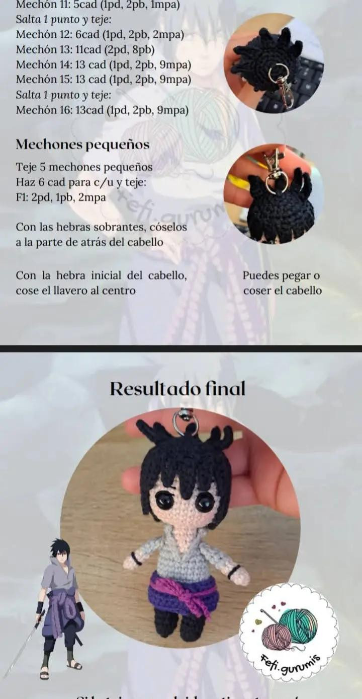 Patrón de Amigurumi de Sasuke para Llavero, Ideal para Fans del Anime