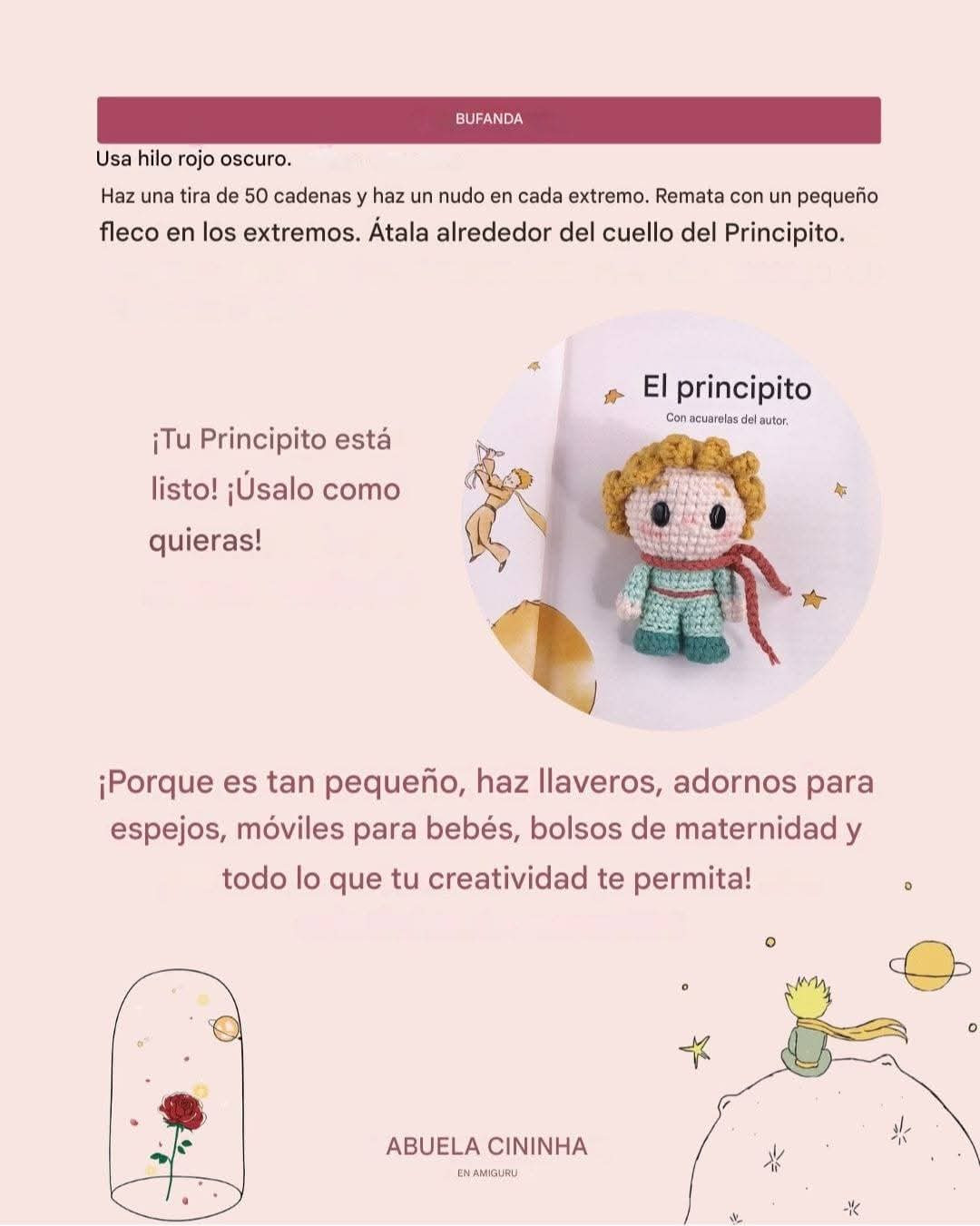 Patrón de amigurumi del Principito con libro ilustrado