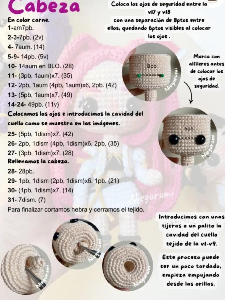 Patrón de muñeca de amigurumi con cabello rosa brillante