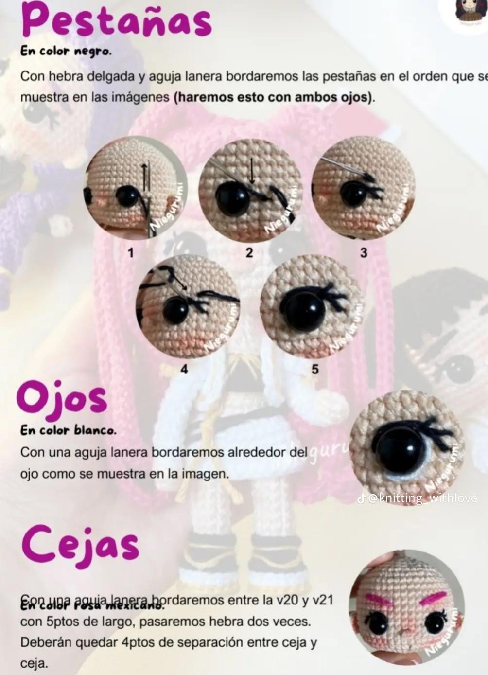 Patrón de muñeca de amigurumi con cabello rosa brillante