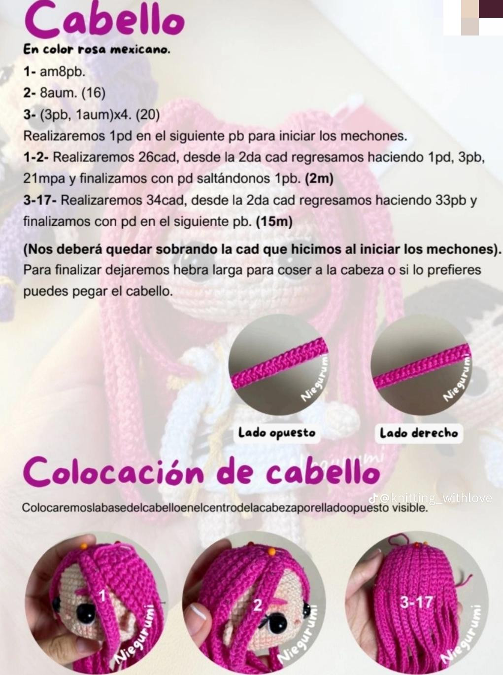 Patrón de muñeca de amigurumi con cabello rosa brillante