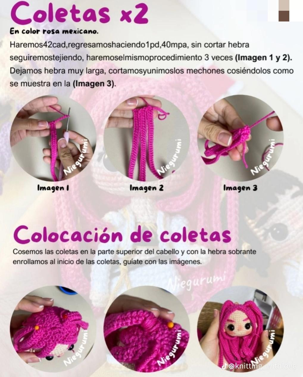 Patrón de muñeca de amigurumi con cabello rosa brillante