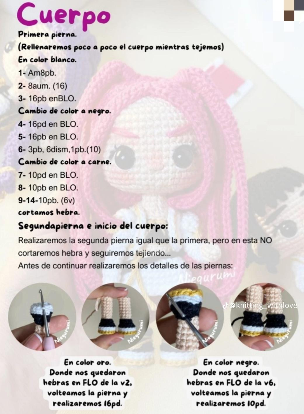 Patrón de muñeca de amigurumi con cabello rosa brillante