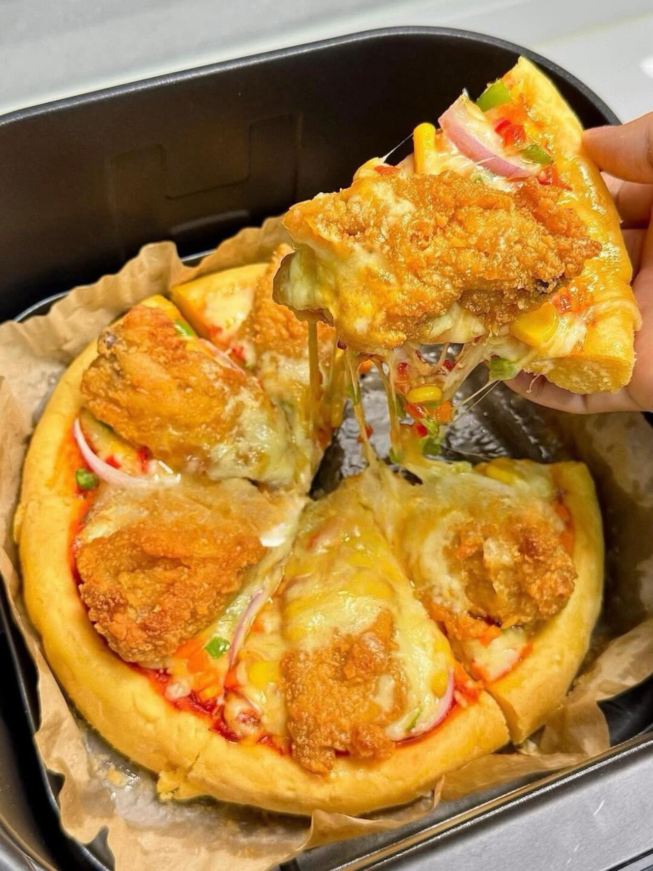 🥪PIZZA GÀ RÁN GIÒN TỪ BÁNH BAO BẰNG NỒI CHIÊN KHÔNG DẦU 🍕