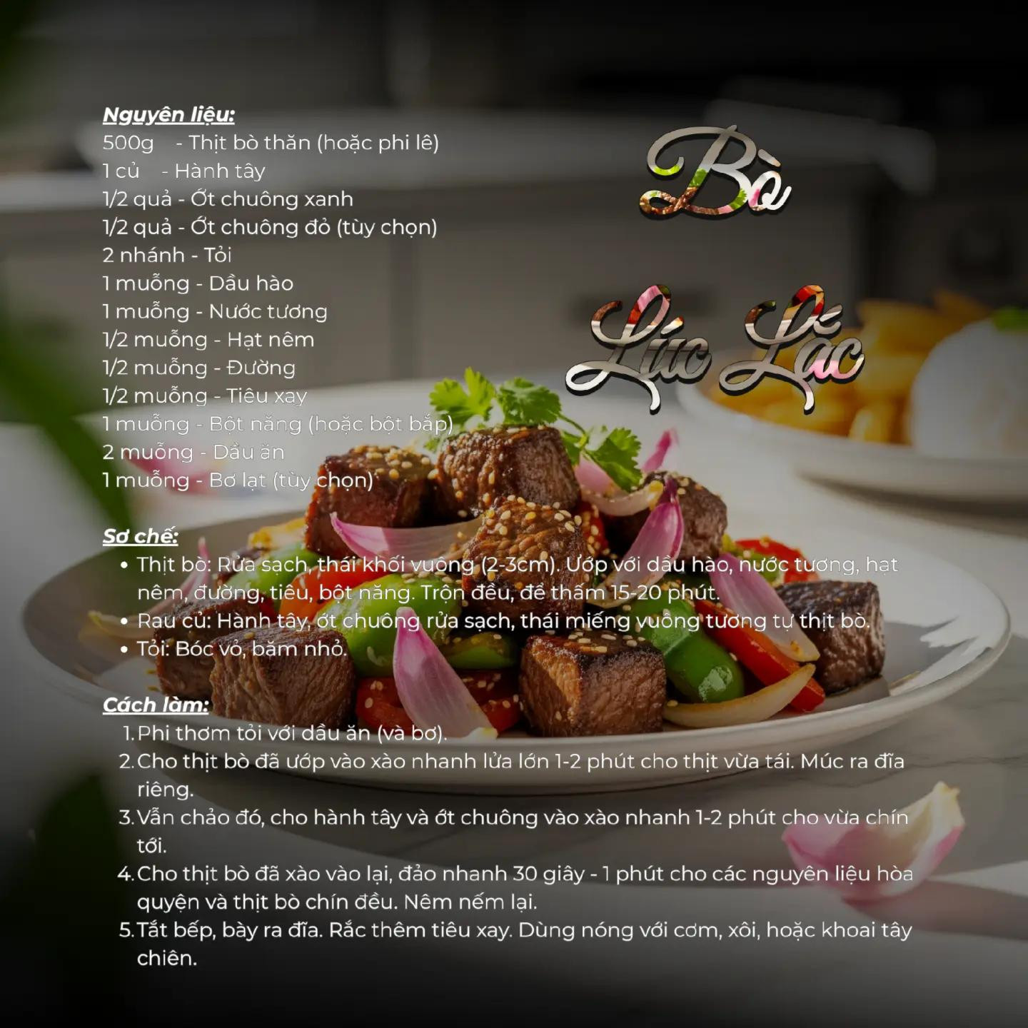 Sáu siêu phẩm món Bò. 
1. Bò lúc lắc. 
2. Bò nhúng dấm. 
3. Bò cuốn hành tây. 
4. Bò xào súp lơ. 
5. Bò nướng lá lốt. 
6. Canh khoai tây hầm bò. 

Trên đây là sáu món ăn từ thịt bò, rất dễ làm mà hương vị thì thơm ngon bổ dưỡng.