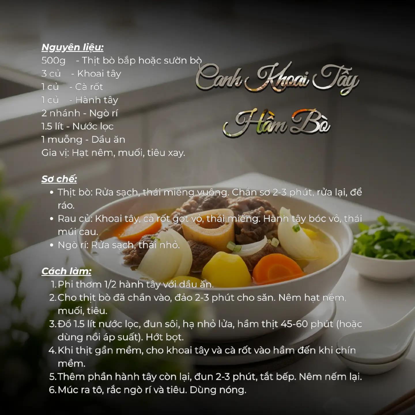 Sáu siêu phẩm món Bò. 
1. Bò lúc lắc. 
2. Bò nhúng dấm. 
3. Bò cuốn hành tây. 
4. Bò xào súp lơ. 
5. Bò nướng lá lốt. 
6. Canh khoai tây hầm bò. 

Trên đây là sáu món ăn từ thịt bò, rất dễ làm mà hương vị thì thơm ngon bổ dưỡng.