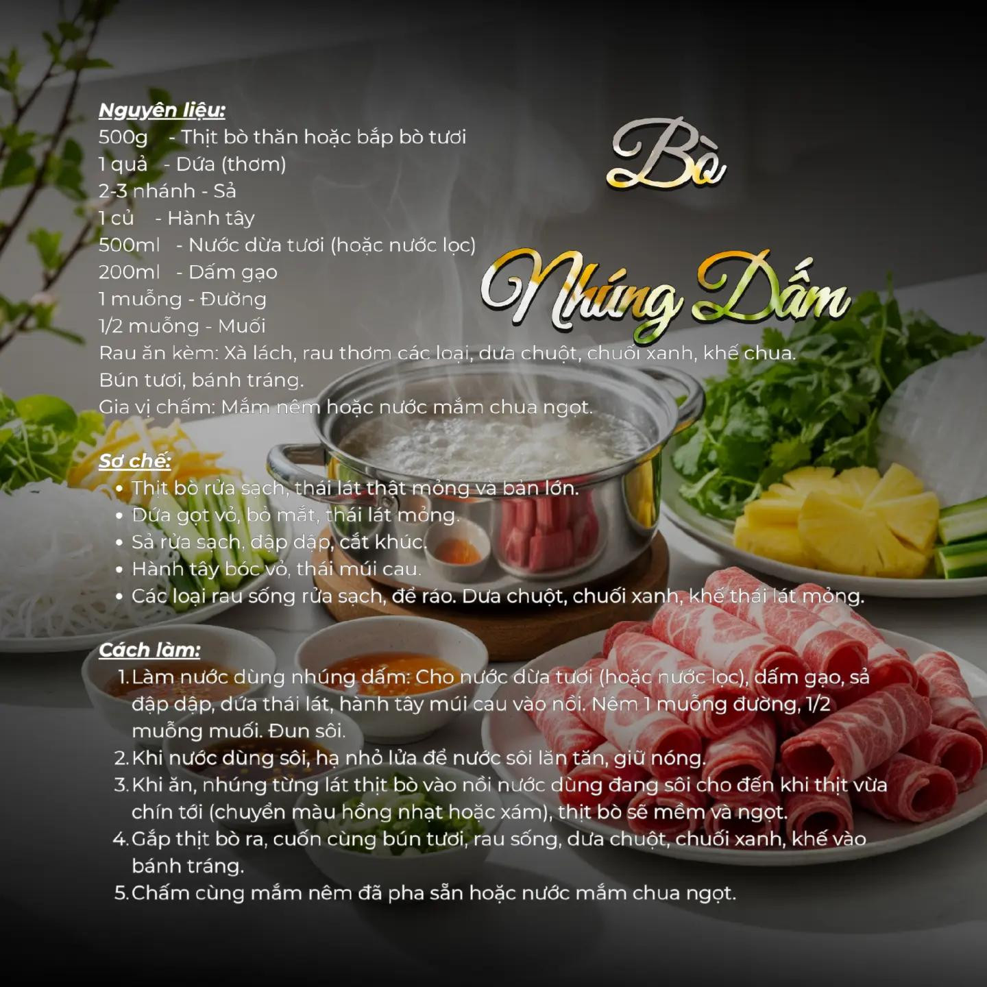 Sáu siêu phẩm món Bò. 
1. Bò lúc lắc. 
2. Bò nhúng dấm. 
3. Bò cuốn hành tây. 
4. Bò xào súp lơ. 
5. Bò nướng lá lốt. 
6. Canh khoai tây hầm bò. 

Trên đây là sáu món ăn từ thịt bò, rất dễ làm mà hương vị thì thơm ngon bổ dưỡng.