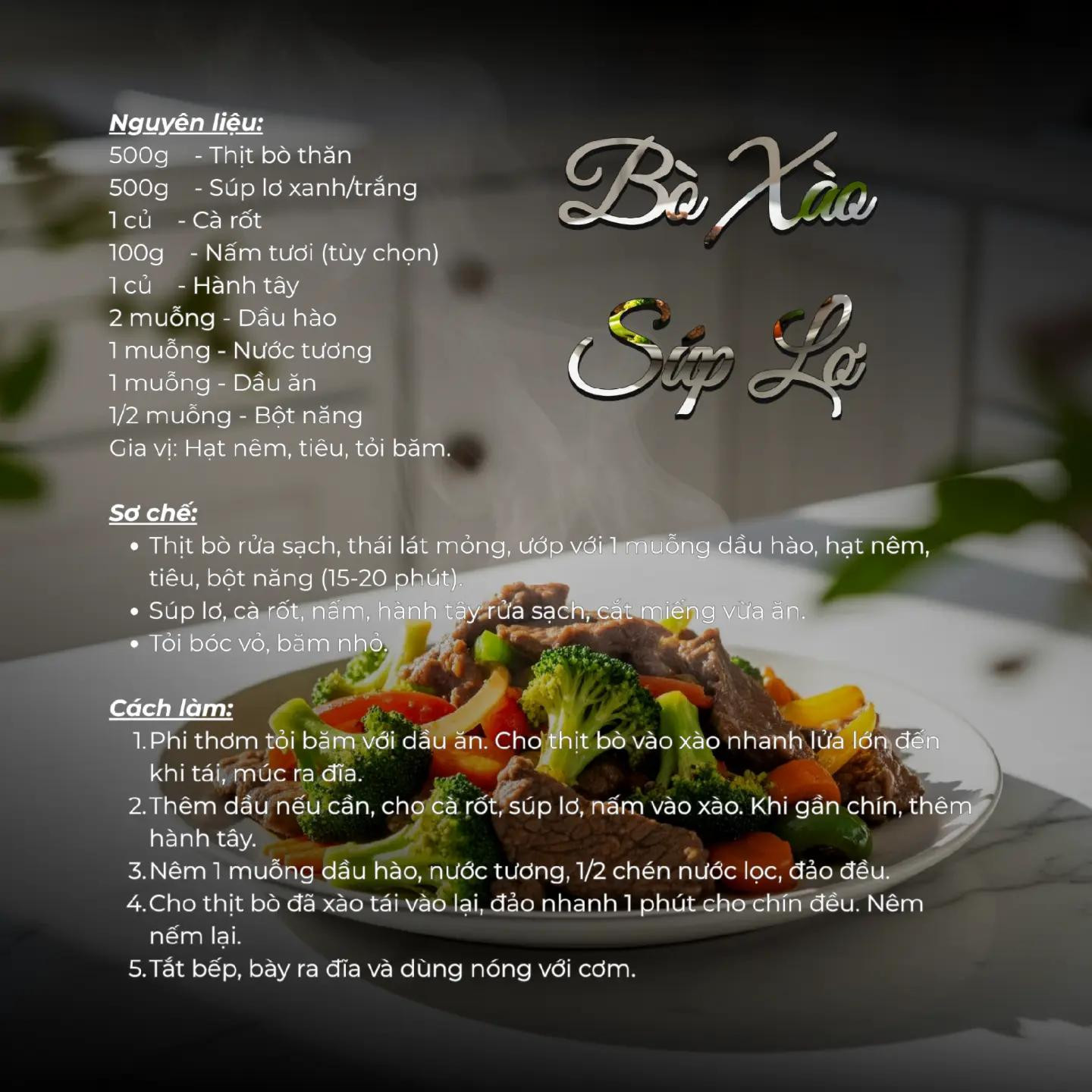 Sáu siêu phẩm món Bò. 
1. Bò lúc lắc. 
2. Bò nhúng dấm. 
3. Bò cuốn hành tây. 
4. Bò xào súp lơ. 
5. Bò nướng lá lốt. 
6. Canh khoai tây hầm bò. 

Trên đây là sáu món ăn từ thịt bò, rất dễ làm mà hương vị thì thơm ngon bổ dưỡng.