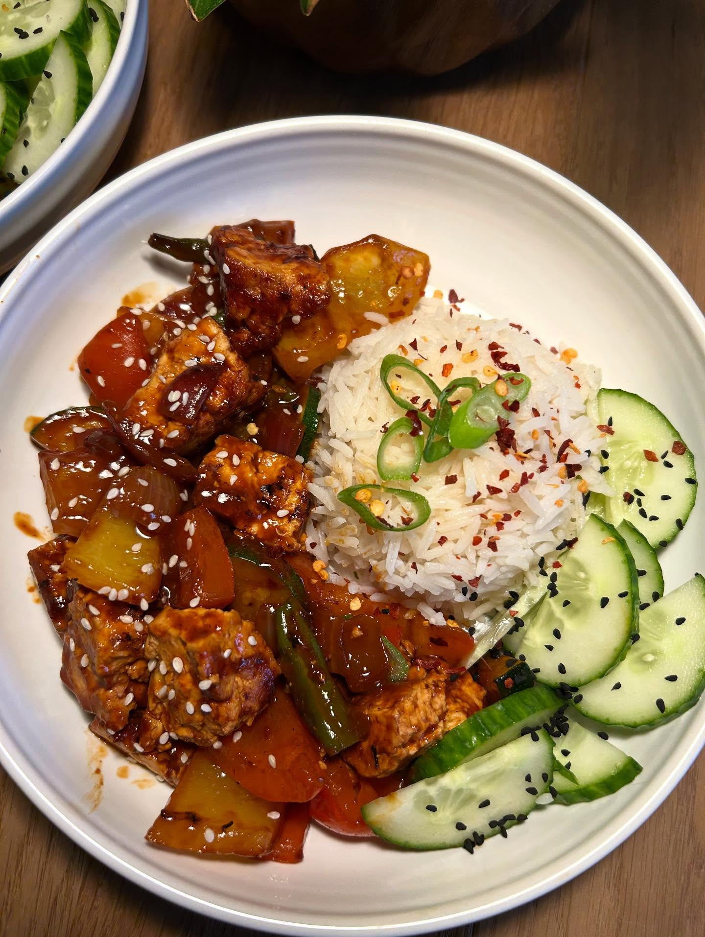 Sticky Tofu Delight with Spicy Cucumber Crunch