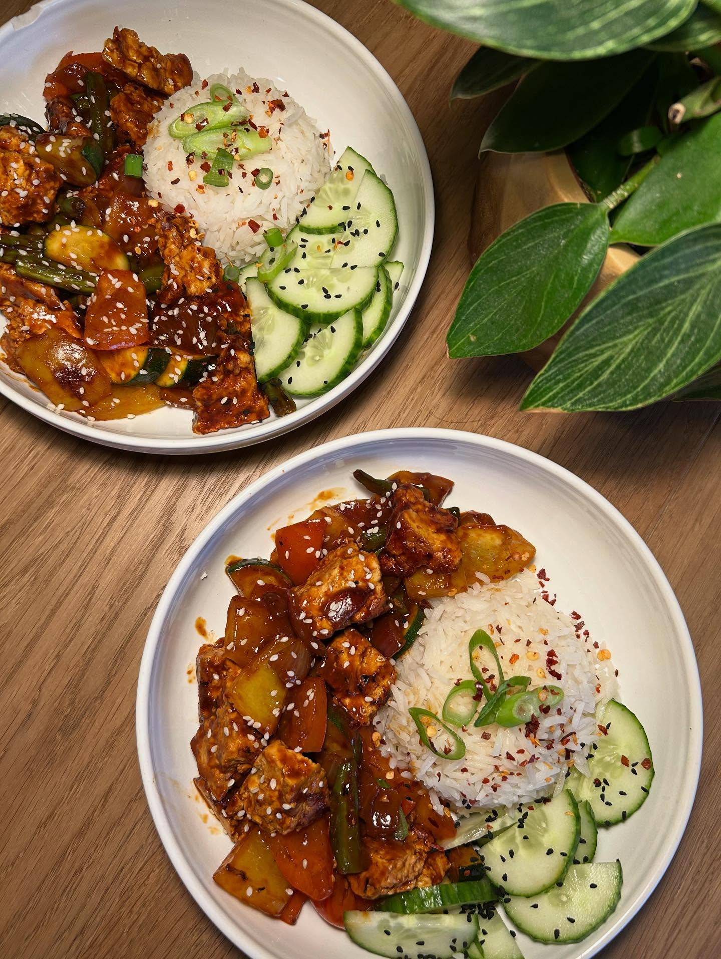 Sticky Tofu Delight with Spicy Cucumber Crunch