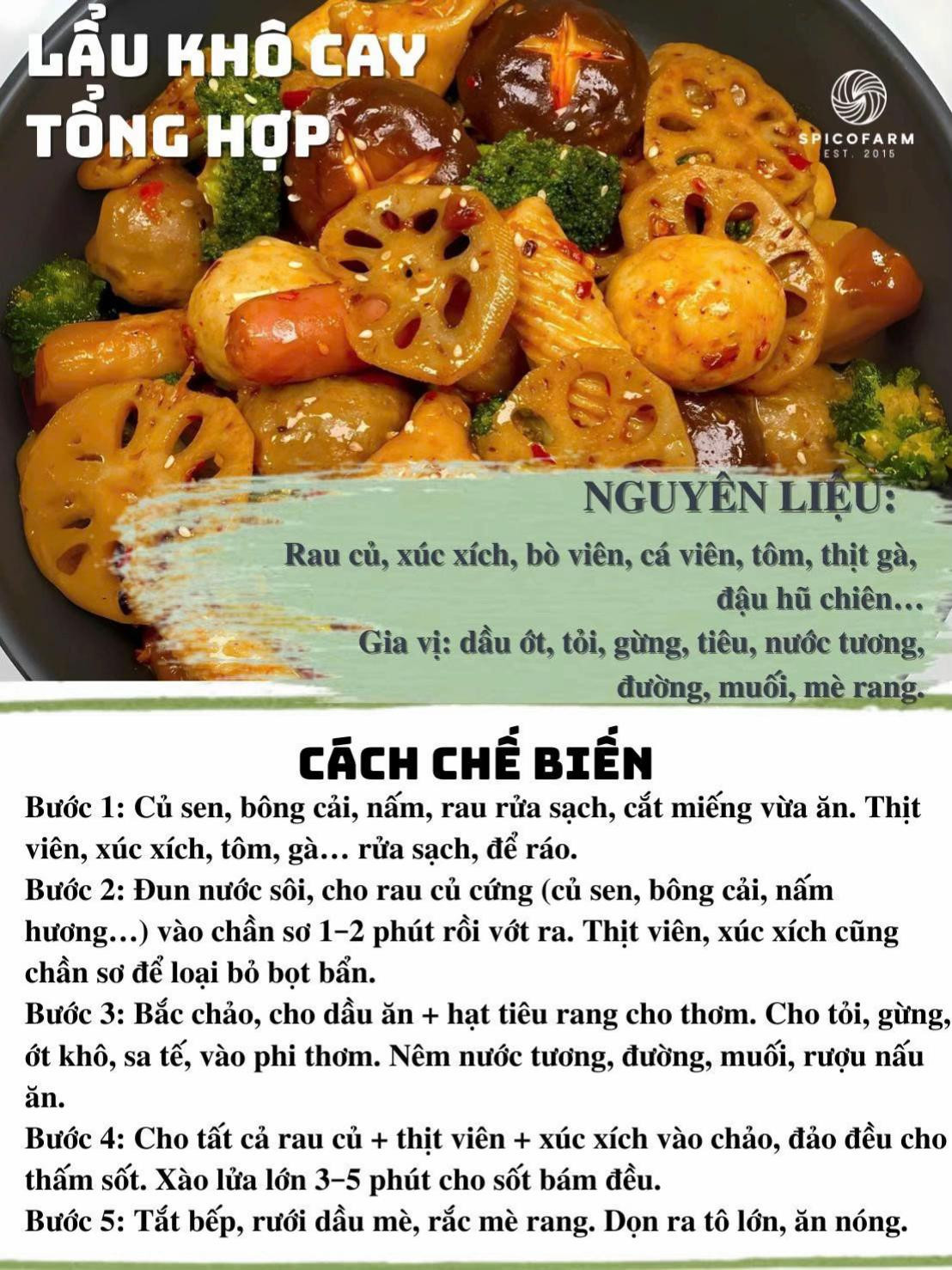 Tổng hợp 10 công thức cơm ngon.
1. Cơm bò bằm sốt trứng lòng đào
2. Gà xào ớt tiêu xanh
3. Rau củ xào chay
4. Gà xé sốt cay
5. Lẩu kho cay tổng hợp
6. Chân gà hầm sốt cay
7. Cánh gà sốt chanh tỏi
8. Gà kho măng cay
9. Cà tím xào cà chua
10. Lẩu bò kim chi nấm