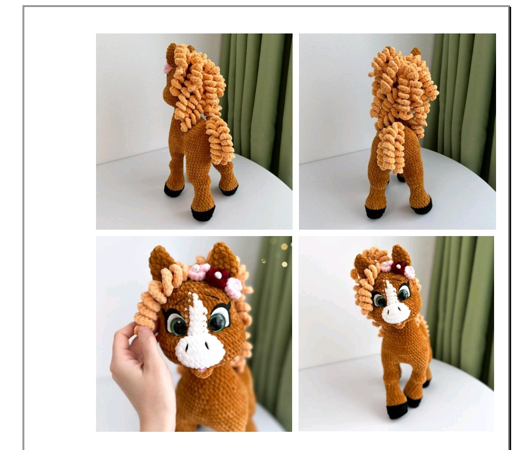 Вязаная игрушка лошадь с цветами на гриве