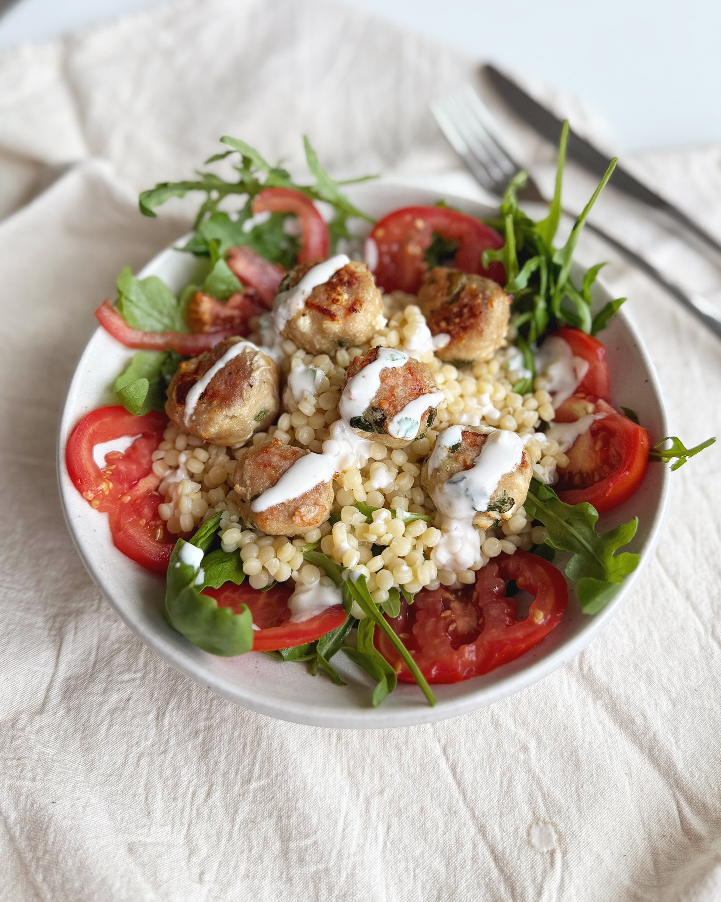 Zesty Feta Chicken Meatballs with Couscous Salad Delight