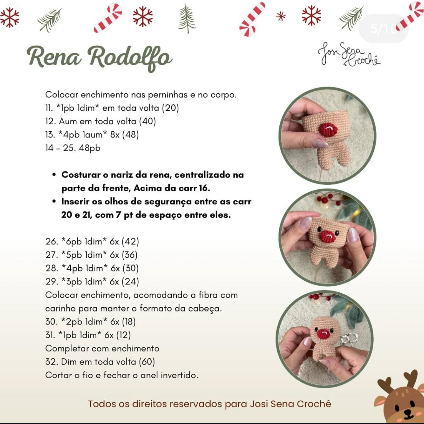 Amigurumi de Rena Rodolfo: Receita Grátis e Fofa para Natal