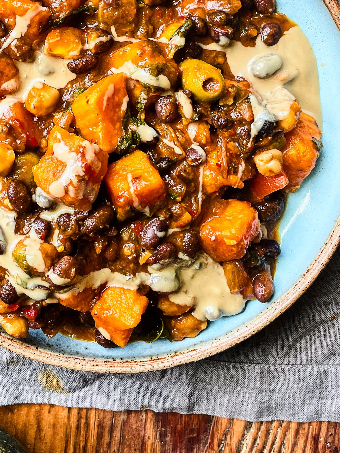 Autumnal Sweet Potato & Chickpea Tagine with Courgette Hummus