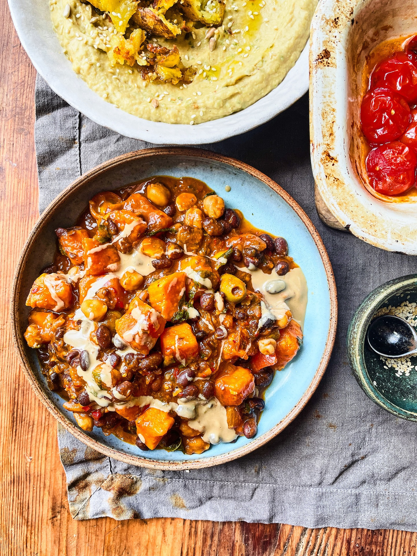 Autumnal Sweet Potato & Chickpea Tagine with Courgette Hummus