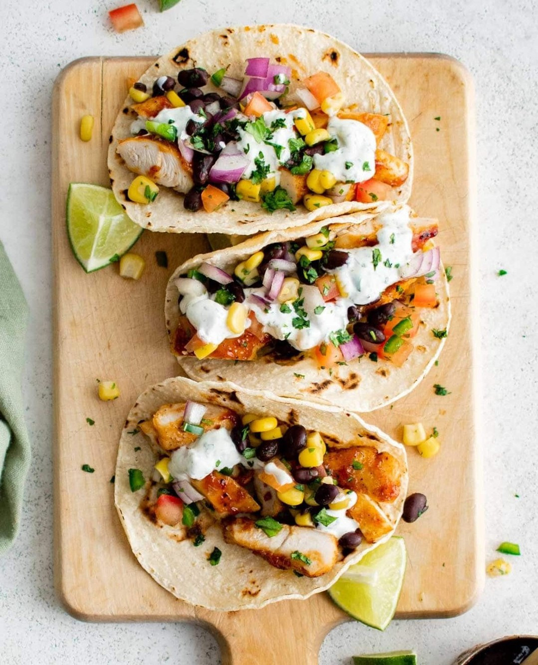 BBQ Chicken Tacos with Black Bean Salsa and Cilantro Lime Crema
