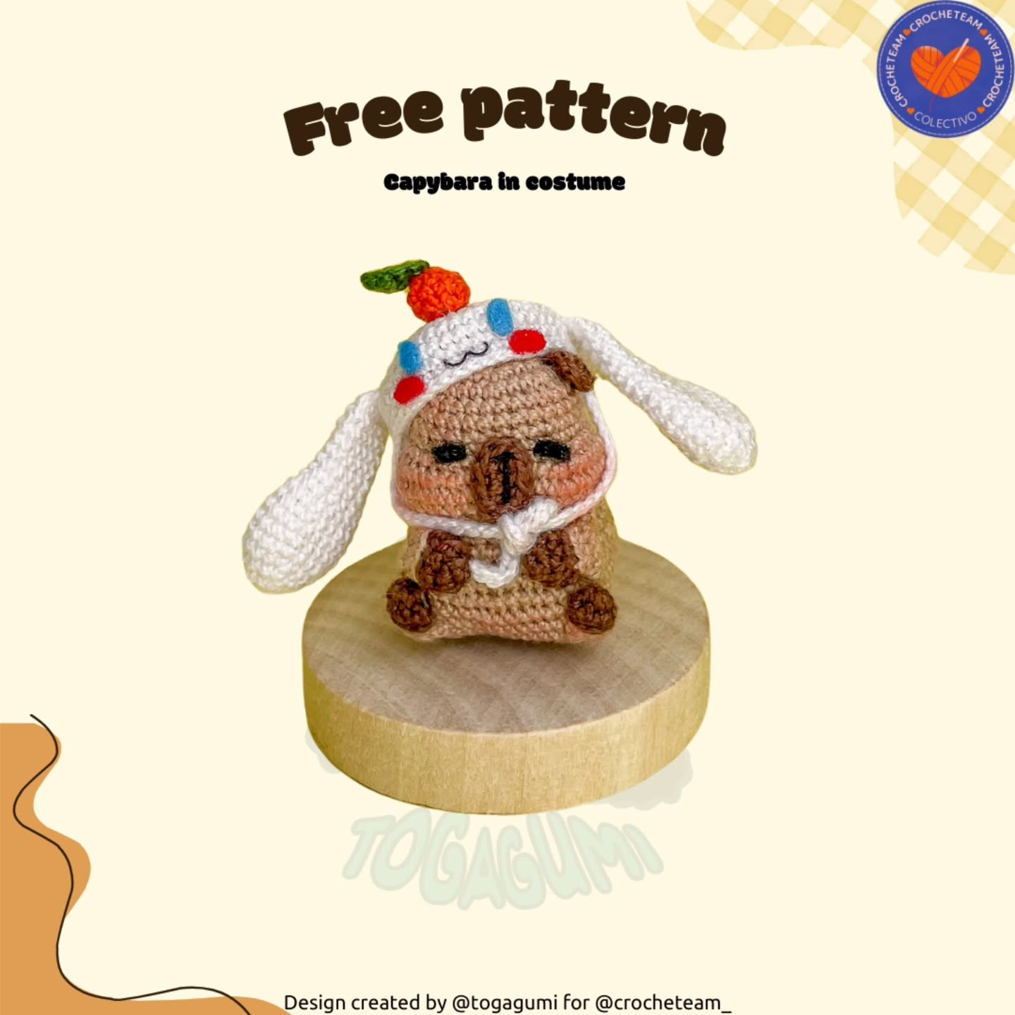 Capibara con disfraz de conejo, patrón de crochet gratuito