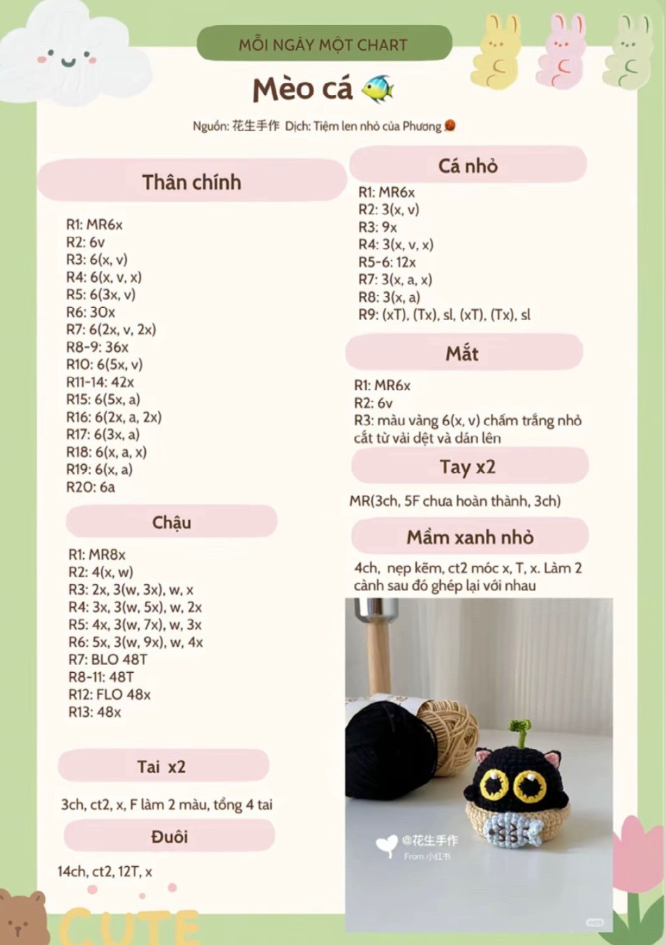 chart móc chậu cỏ 4 lá mini, ngỗng đi biển, mèo cá