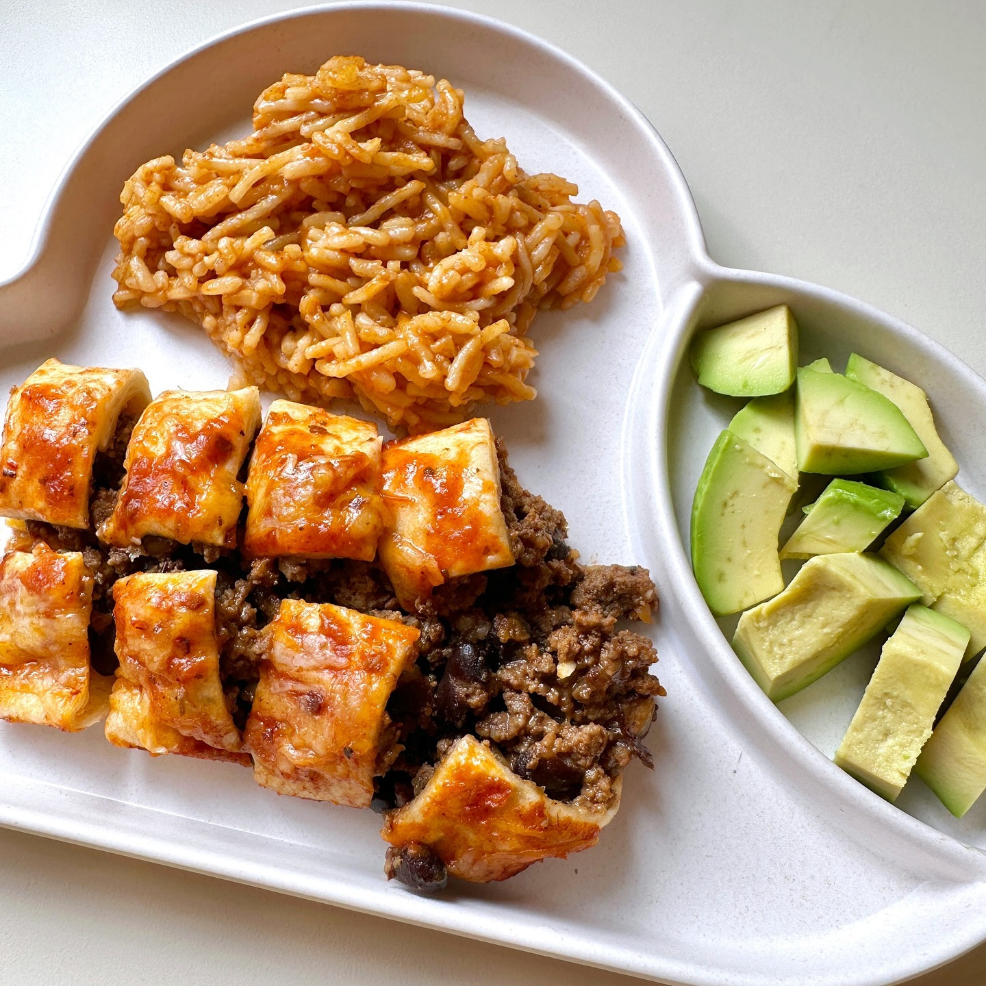 Cheesy Beef Enchiladas with Spanish Rice & Avocado Delight